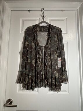Good Days Project Olive Paisley Mesh Ruffle Bell Sleeve Top Plus 2X NWT Boho